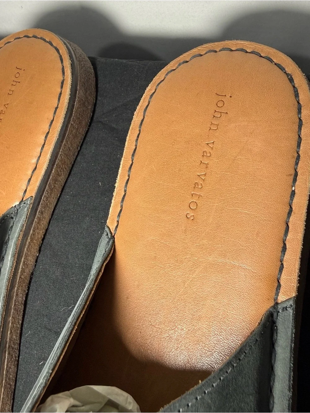 John Varvatos Black Leather Slide Sandals with Tan Footbed